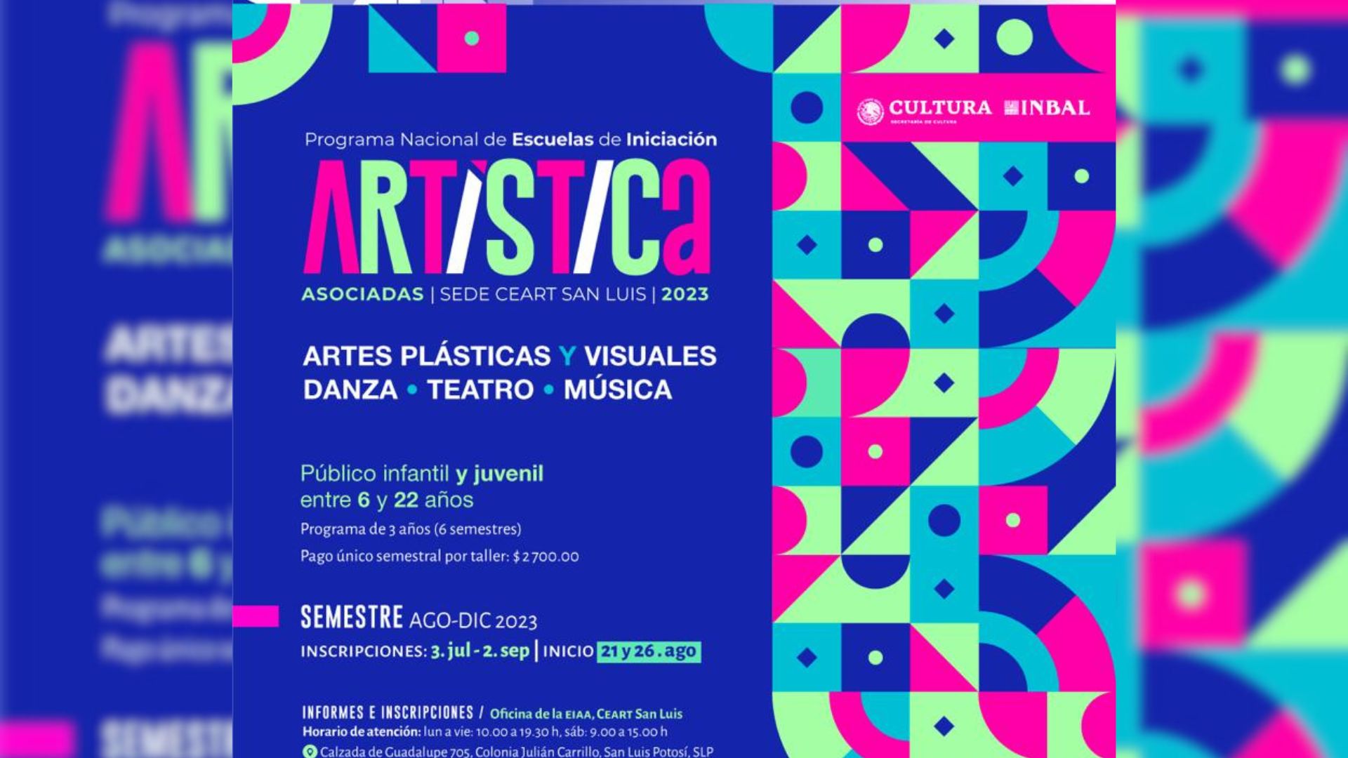 Inscripciones para el programa nacional de escuelas de iniciación artística asociadas, del Ceart San Luis