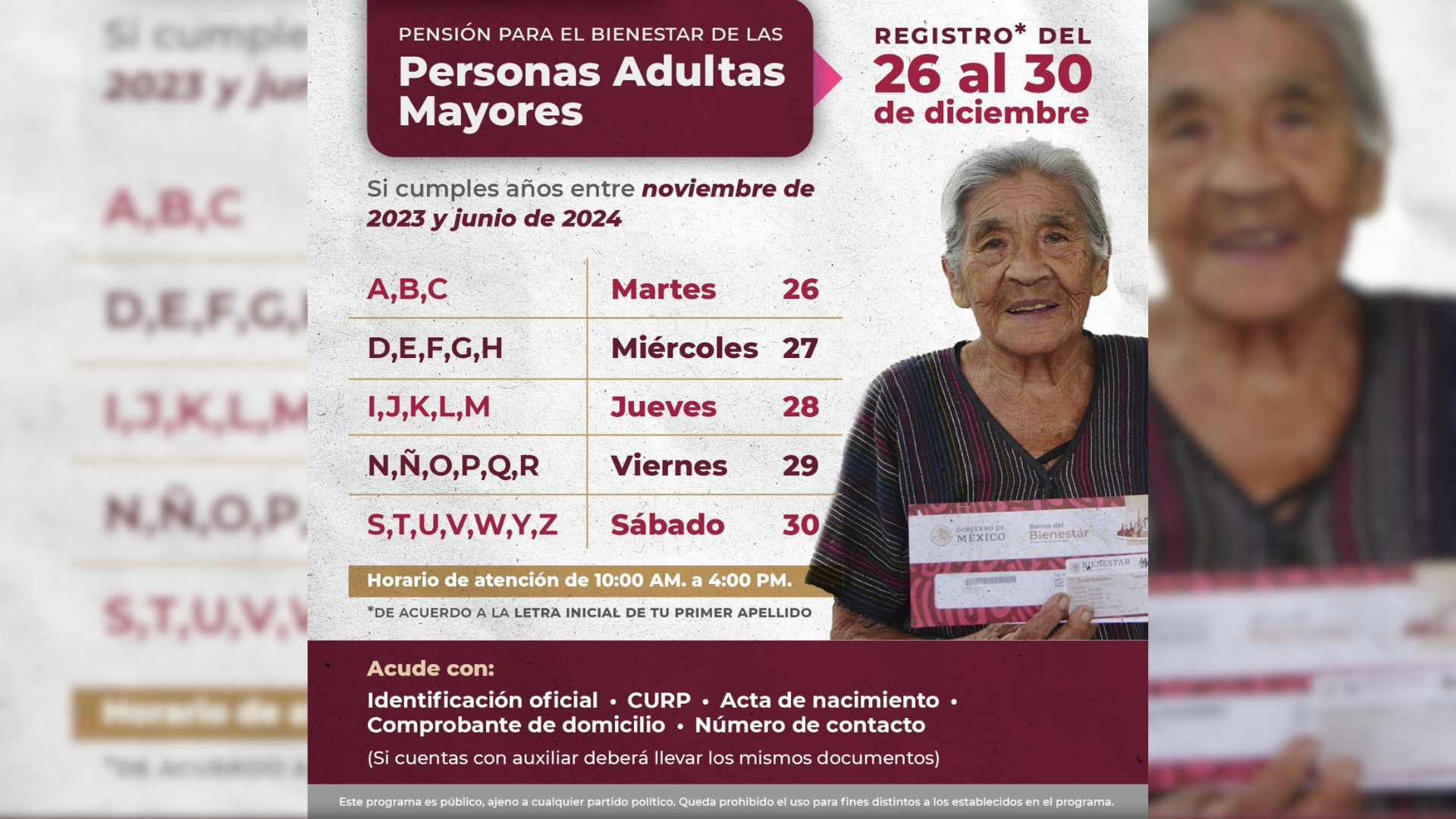 Del 26 al 30 de diciembre, se amplía registro de la pensión para personas adultas mayores