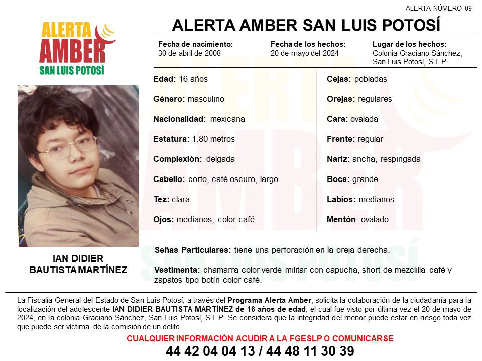 FISCALÍA ACTIVA ALERTA AMBER PARA LOCALIZAR A UN ADOLESCENTE EN SLP