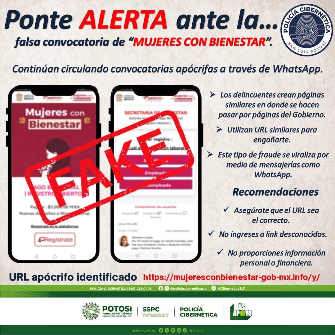 POLICÍA CIBERNÉTICA DE SLP ALERTA POR FALSA CONVOCATORIA “MUJERES CON BIENESTAR”